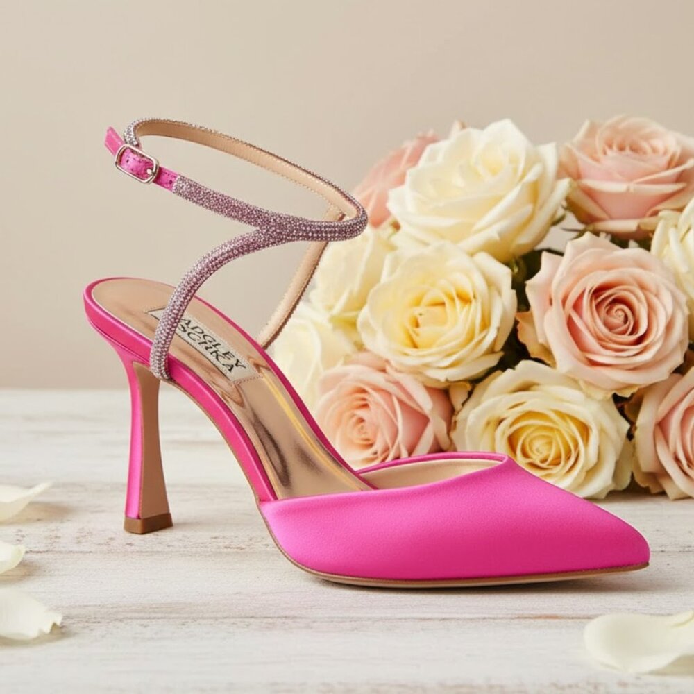 Badgley Mischka Size 5.5 Kamilah Hot Pink Jeweled Point Toe Heels Pumps Shoes